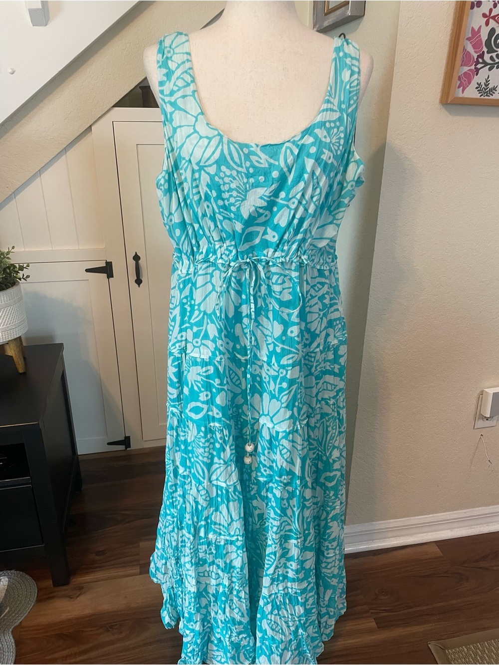 Soft Surroundings 1X Cotton Tiered Maxi Dress Turquoise White Tropical Floral